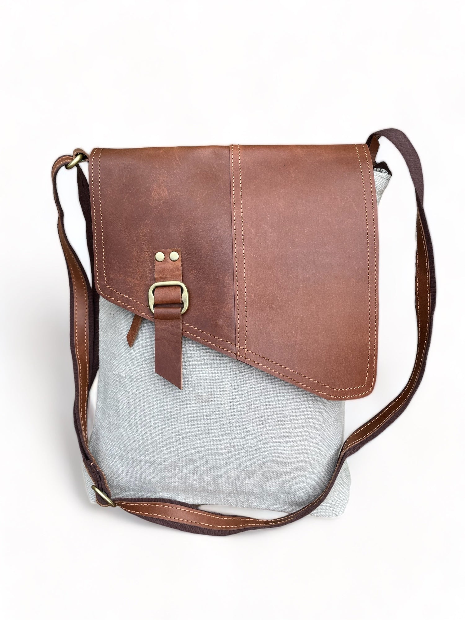 TERRA ORGANICA - Grand Sac Messager - fait de jute bio et cuir recyclé - Frêne