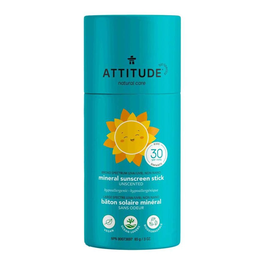 ATTITUDE - Bâton solaire minéral sans plastique FPS 30 – Enfants – Sans odeur - Contenant en carton biodégradable - Soins corps | Samara & Co