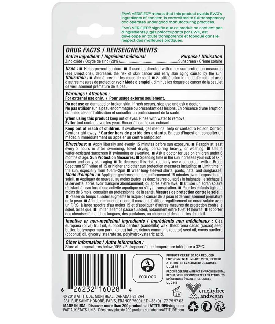 ATTITUDE - Bâton solaire minéral visage FPS 30 – Sans odeur - Soins corps | Samara & Co