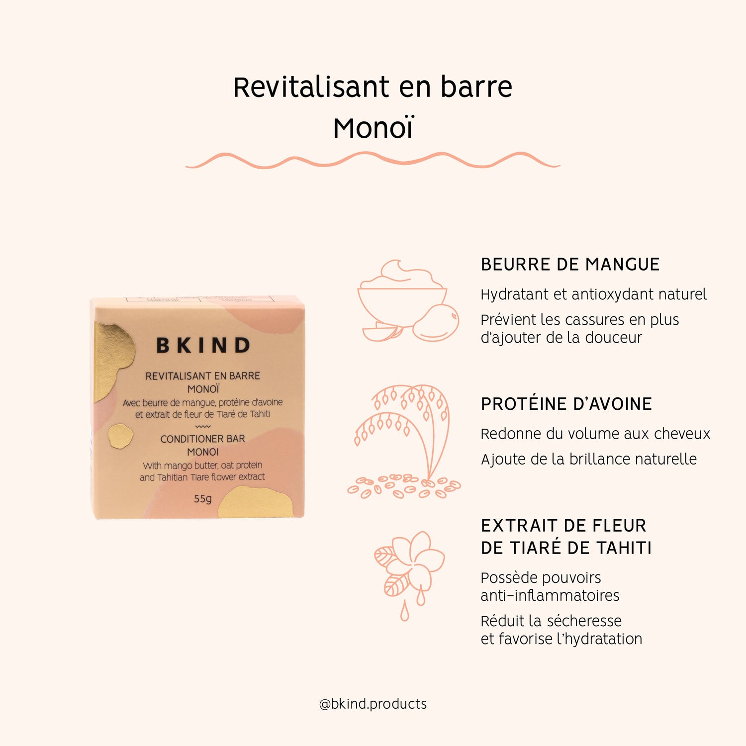 BKIND - Revitalisant en barre  - Biodégradable et Végétalien • Monoï