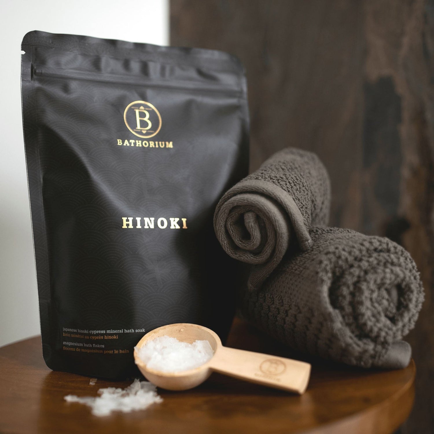 BATHORIUM - Deluxe Natural Bath Flakes • Hinoki Cypress Oil & Magnesium Salt